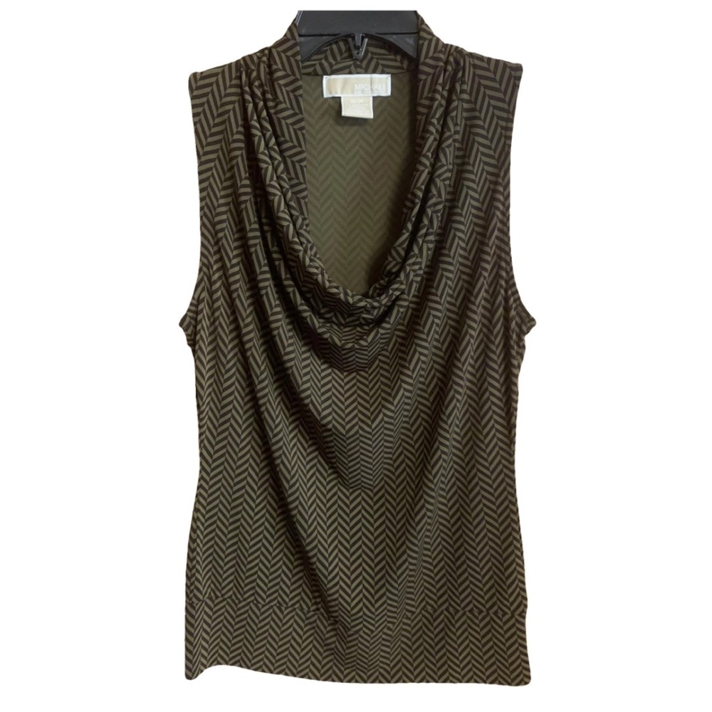 Michael Kors MK Cowl Neck Sleeveless Top Blouse Chevron Forest Army Green Blouse